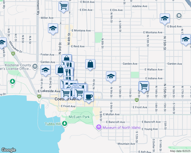 map of restaurants, bars, coffee shops, grocery stores, and more near 701 East Indiana Avenue in Coeur d'Alene