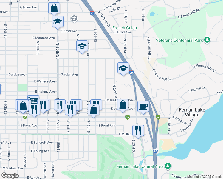 map of restaurants, bars, coffee shops, grocery stores, and more near 407 North 21st Street in Coeur d'Alene