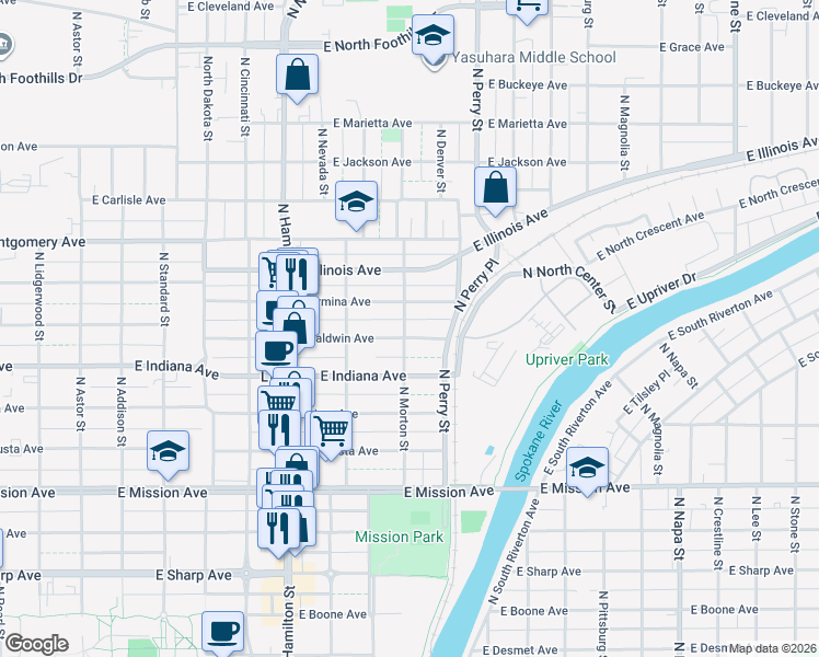 map of restaurants, bars, coffee shops, grocery stores, and more near 1207 East Baldwin Avenue in Spokane