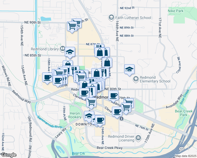 map of restaurants, bars, coffee shops, grocery stores, and more near 16304 Northeast 81st Street in Redmond