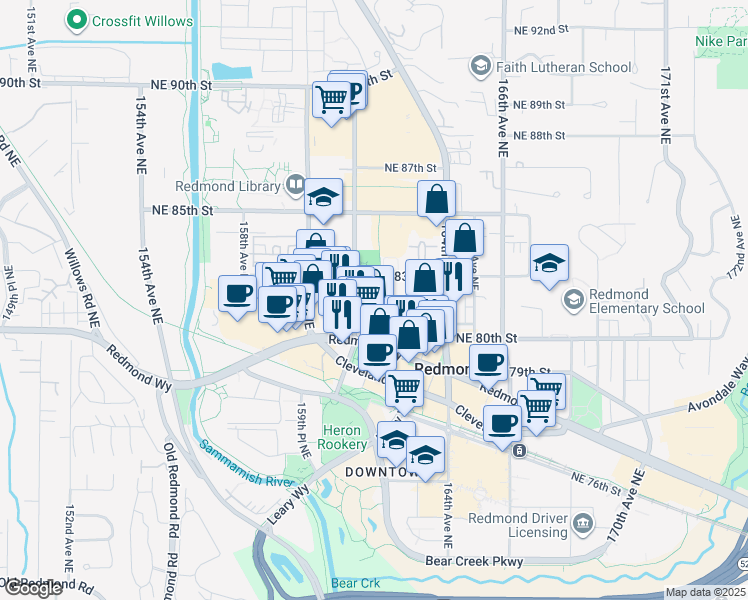 map of restaurants, bars, coffee shops, grocery stores, and more near 16191 Northeast 83rd Street in Redmond