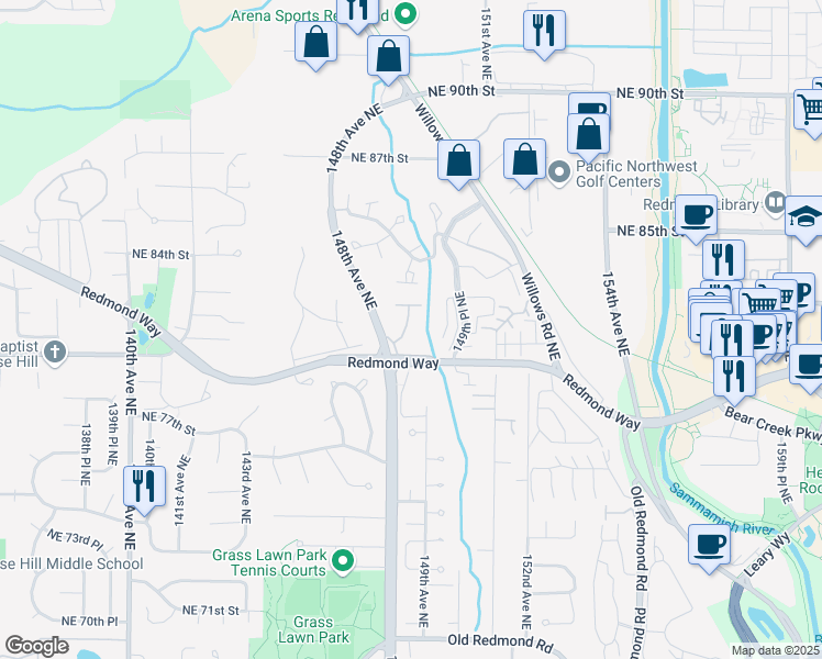 map of restaurants, bars, coffee shops, grocery stores, and more near 14820 Redmond Way in Redmond