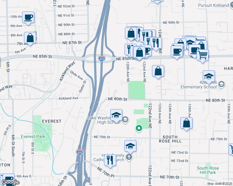 map of restaurants, bars, coffee shops, grocery stores, and more near 11816 Northeast 80th Street in Kirkland