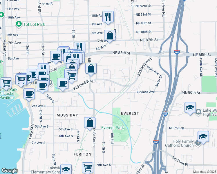 map of restaurants, bars, coffee shops, grocery stores, and more near 132 8th Lane in Kirkland