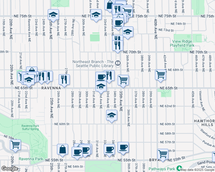 map of restaurants, bars, coffee shops, grocery stores, and more near 3334 Northeast 65th Street in Seattle