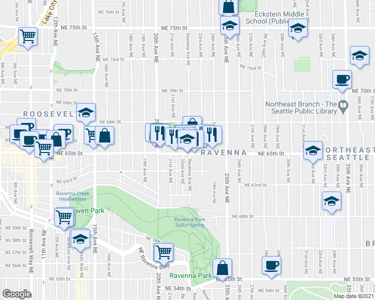 map of restaurants, bars, coffee shops, grocery stores, and more near 6501 Ravenna Avenue Northeast in Seattle