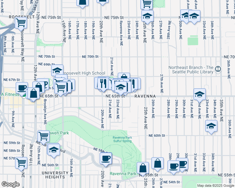 map of restaurants, bars, coffee shops, grocery stores, and more near 6501 Ravenna Avenue Northeast in Seattle