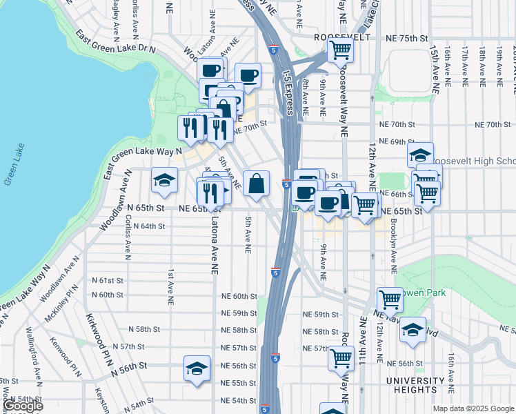 map of restaurants, bars, coffee shops, grocery stores, and more near 6501 5th Avenue Northeast in Seattle