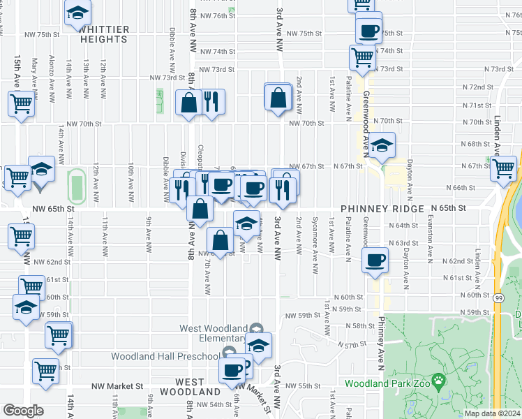 map of restaurants, bars, coffee shops, grocery stores, and more near 404 Northwest 65th Street in Seattle