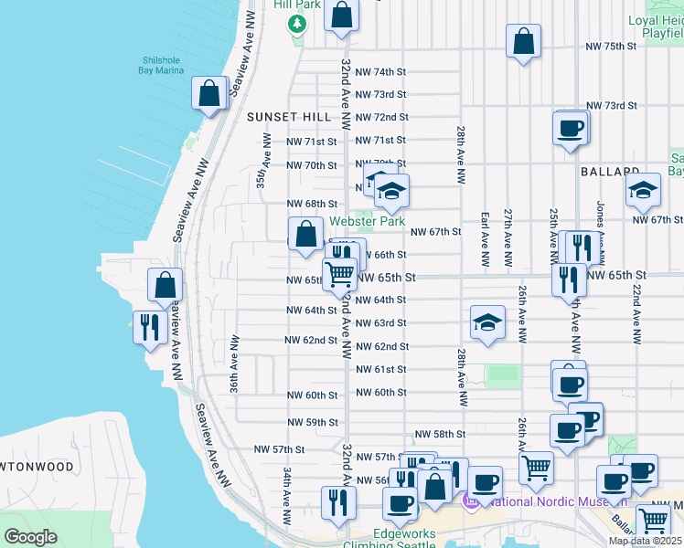 map of restaurants, bars, coffee shops, grocery stores, and more near 3200 Northwest 65th Street in Seattle
