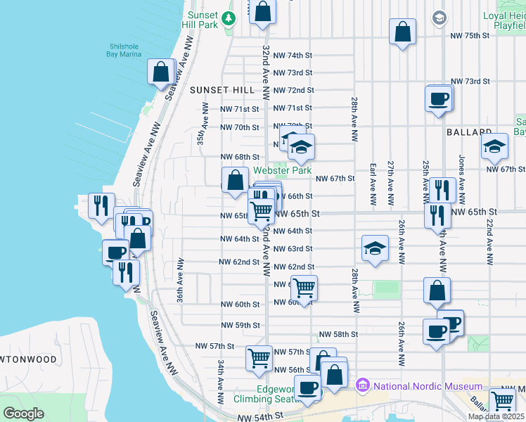 map of restaurants, bars, coffee shops, grocery stores, and more near 3200 Northwest 65th Street in Seattle