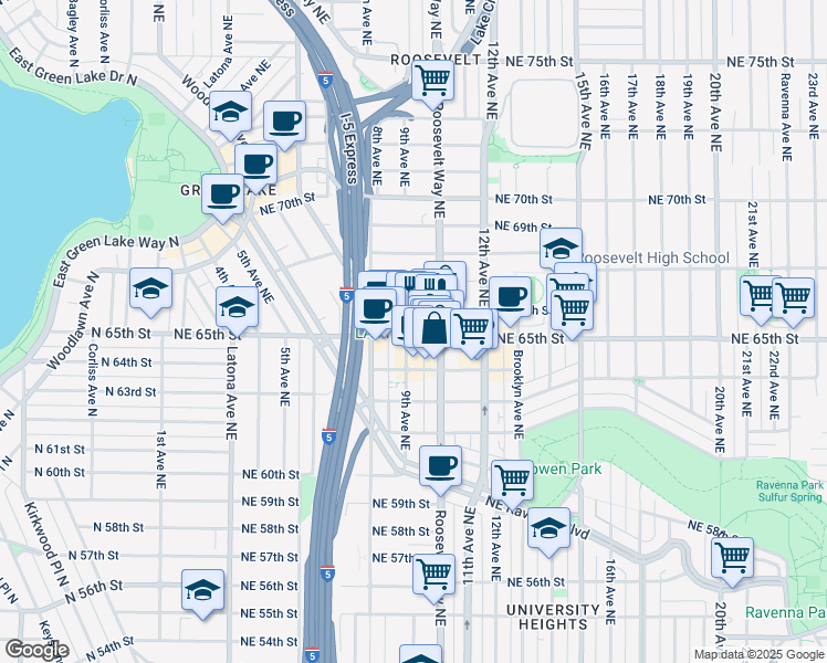 map of restaurants, bars, coffee shops, grocery stores, and more near 900 Northeast 65th Street in Seattle