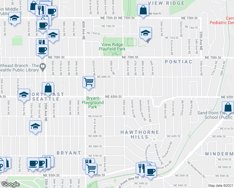 map of restaurants, bars, coffee shops, grocery stores, and more near 4406 Northeast 65th Street in Seattle