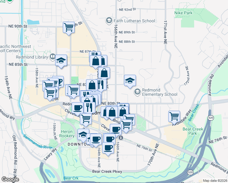 map of restaurants, bars, coffee shops, grocery stores, and more near 8117 166th Avenue Northeast in Redmond