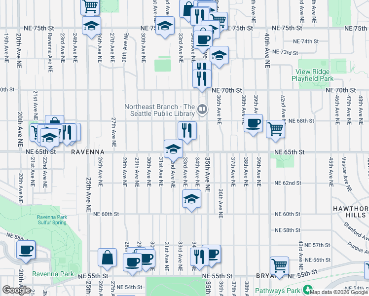 map of restaurants, bars, coffee shops, grocery stores, and more near 3334 Northeast 65th Street in Seattle