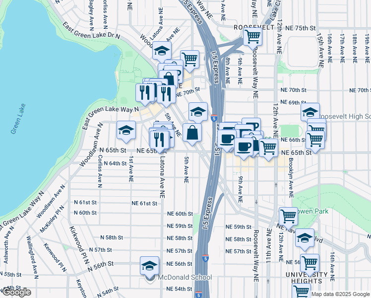 map of restaurants, bars, coffee shops, grocery stores, and more near 6501 5th Avenue Northeast in Seattle
