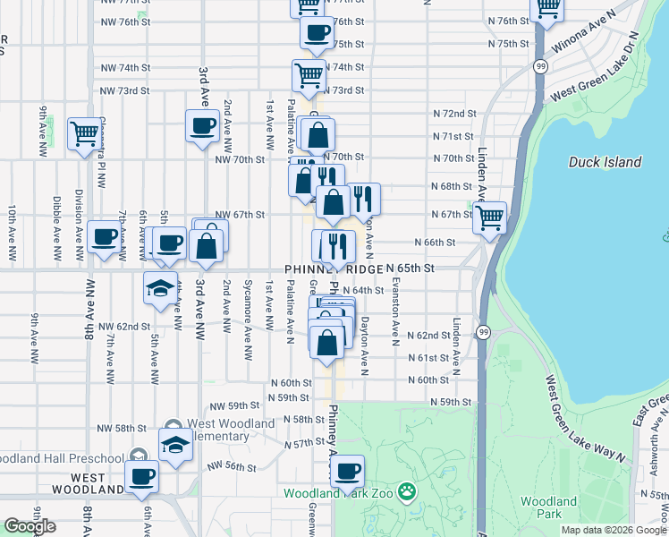 map of restaurants, bars, coffee shops, grocery stores, and more near Phinney Ave N & N 65th St in Seattle