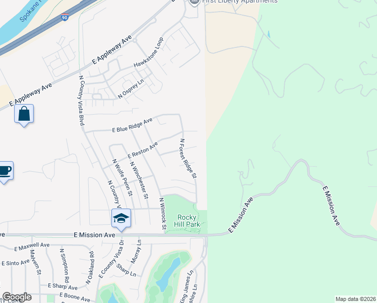 map of restaurants, bars, coffee shops, grocery stores, and more near 24950 East Stonecrest Avenue in Liberty Lake