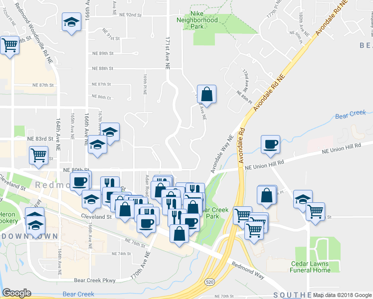 map of restaurants, bars, coffee shops, grocery stores, and more near 8115 172nd Avenue Northeast in Redmond