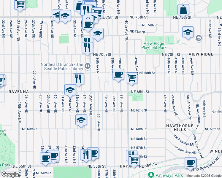 map of restaurants, bars, coffee shops, grocery stores, and more near 6507 38th Avenue Northeast in Seattle