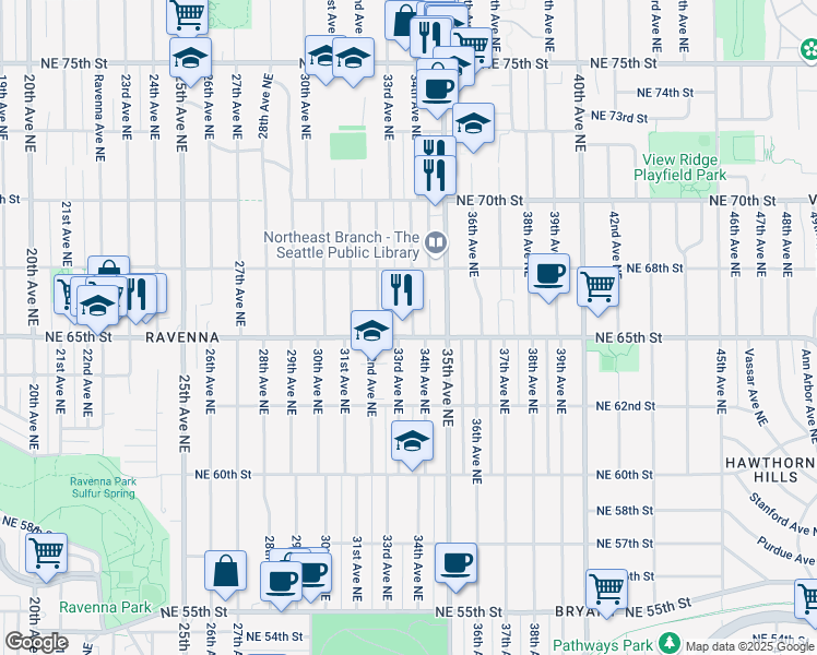 map of restaurants, bars, coffee shops, grocery stores, and more near 3334 Northeast 65th Street in Seattle