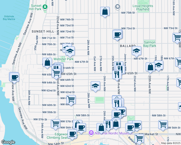 map of restaurants, bars, coffee shops, grocery stores, and more near 2764 Northwest 65th Street in Seattle