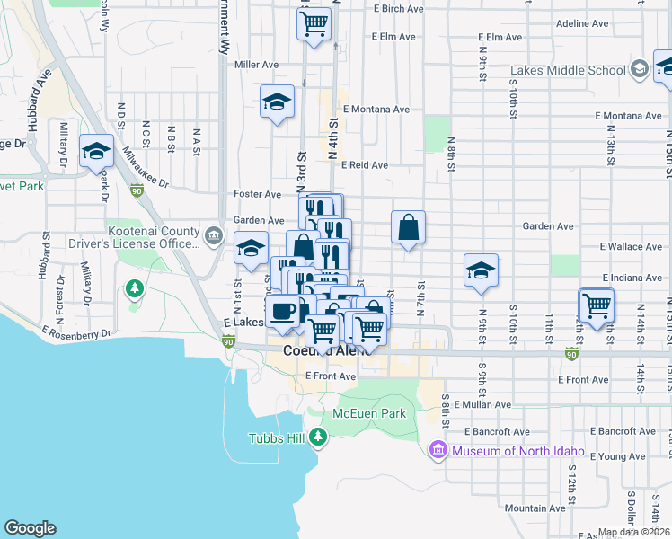 map of restaurants, bars, coffee shops, grocery stores, and more near 400 North 4th Street in Coeur d'Alene