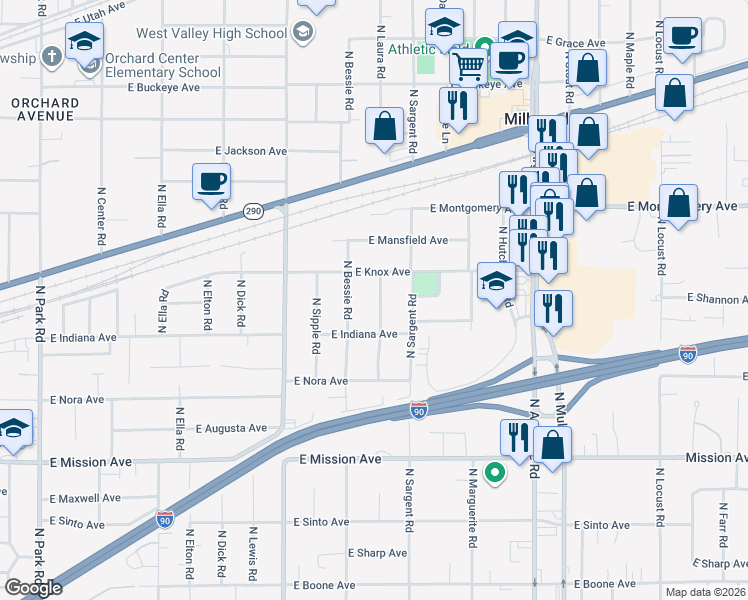 map of restaurants, bars, coffee shops, grocery stores, and more near 2105 North Laura Road in Spokane Valley