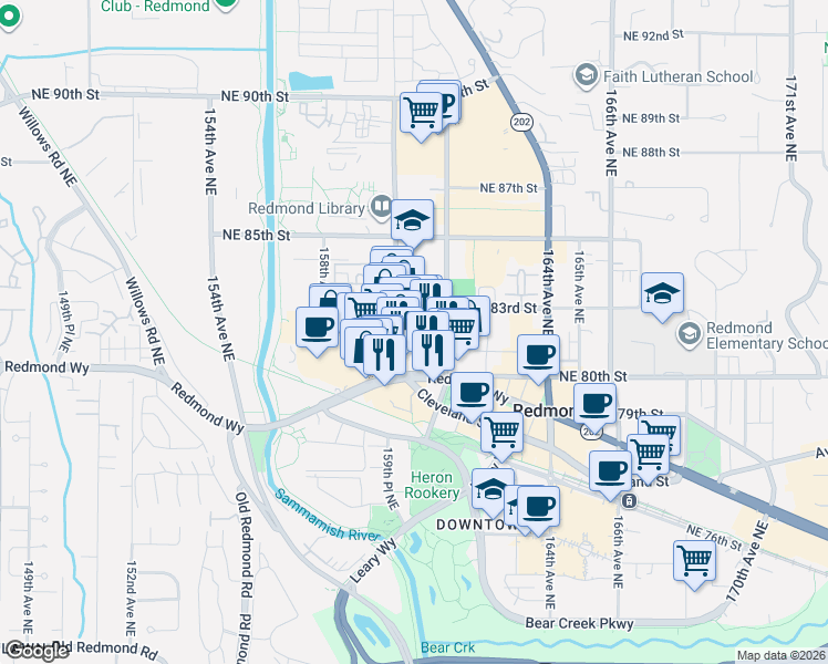 map of restaurants, bars, coffee shops, grocery stores, and more near 8129 161st Avenue Northeast in Redmond