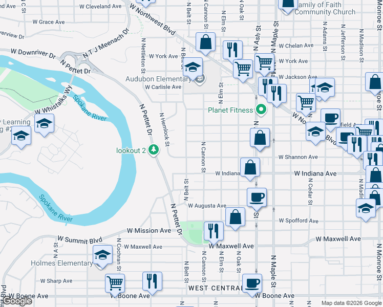 map of restaurants, bars, coffee shops, grocery stores, and more near 2024 West Shannon Avenue in Spokane