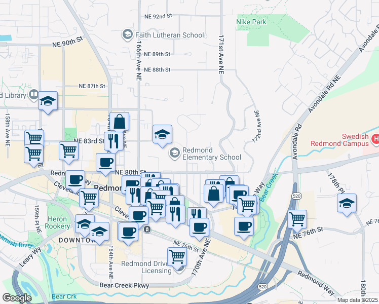 map of restaurants, bars, coffee shops, grocery stores, and more near 16907 Northeast 82nd Street in Redmond