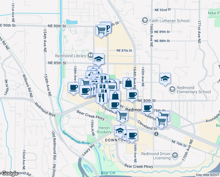 map of restaurants, bars, coffee shops, grocery stores, and more near 8102 161st Avenue Northeast in Redmond