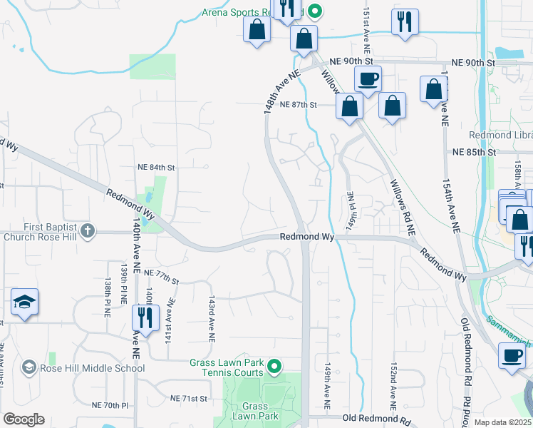 map of restaurants, bars, coffee shops, grocery stores, and more near 8104 146th Court Northeast in Redmond