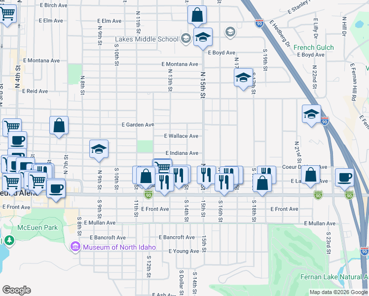 map of restaurants, bars, coffee shops, grocery stores, and more near 411 North 15th Street in Coeur d'Alene