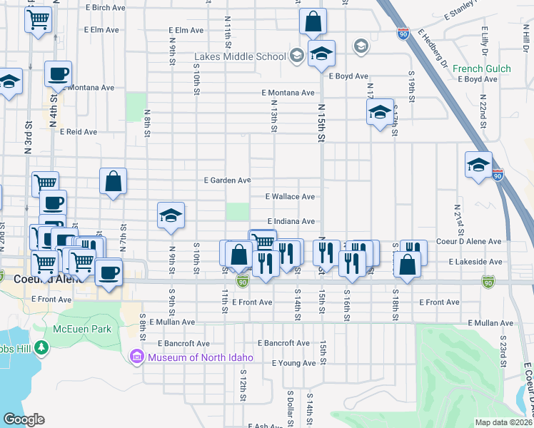 map of restaurants, bars, coffee shops, grocery stores, and more near 1301 East Indiana Avenue in Coeur d'Alene