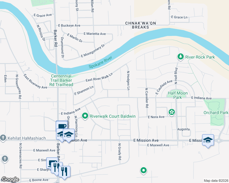 map of restaurants, bars, coffee shops, grocery stores, and more near 19224 Flat Rock River Lane in Spokane Valley