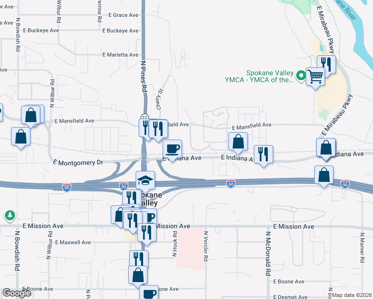 map of restaurants, bars, coffee shops, grocery stores, and more near 2105 North Houk Road in Spokane Valley