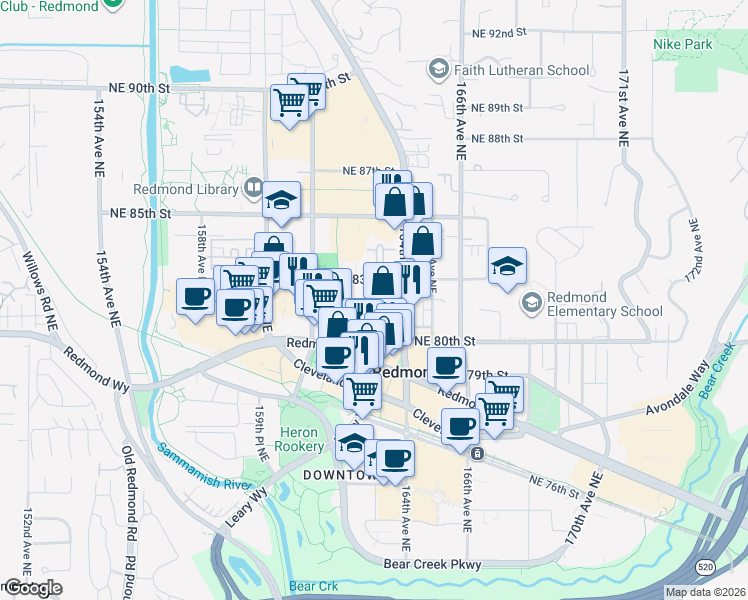 map of restaurants, bars, coffee shops, grocery stores, and more near 16304 Northeast 81st Street in Redmond