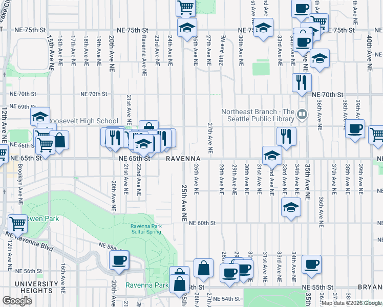 map of restaurants, bars, coffee shops, grocery stores, and more near 2602 Northeast 65th Street in Seattle