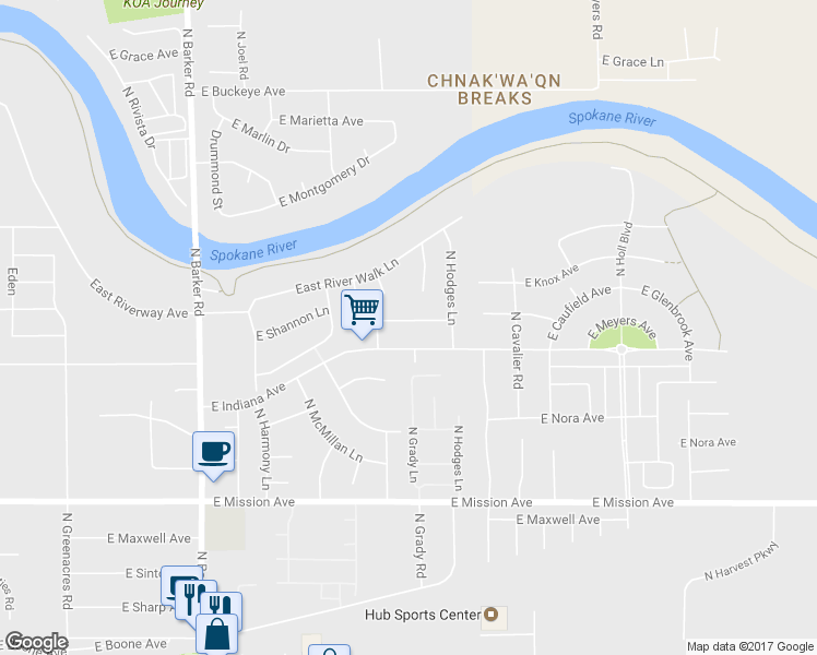 map of restaurants, bars, coffee shops, grocery stores, and more near 19224 Flat Rock River Lane in Spokane Valley