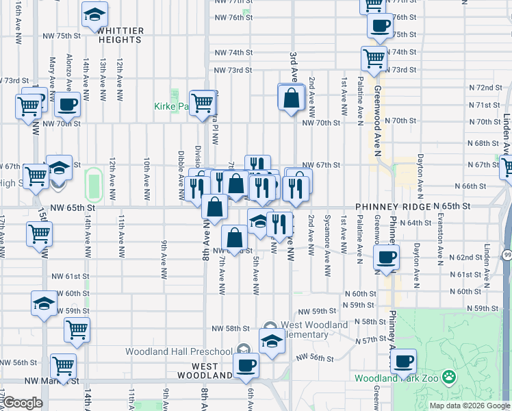 map of restaurants, bars, coffee shops, grocery stores, and more near 512 Northwest 65th Street in Seattle