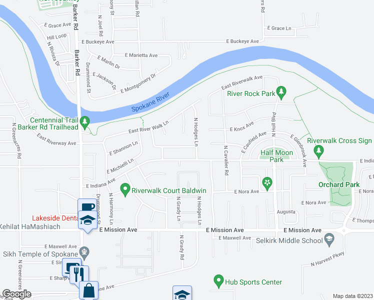 map of restaurants, bars, coffee shops, grocery stores, and more near 19322 Flat Rock River Lane in Spokane Valley