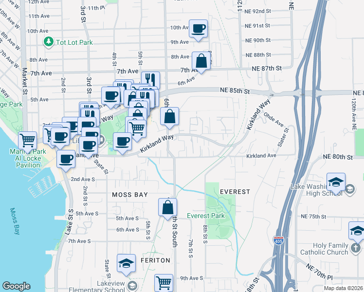 map of restaurants, bars, coffee shops, grocery stores, and more near 629 Kirkland Way in Kirkland