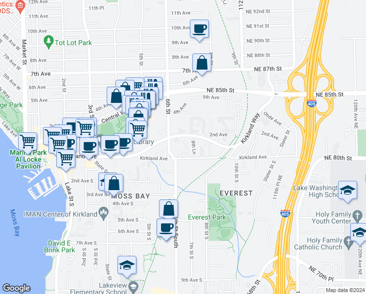 map of restaurants, bars, coffee shops, grocery stores, and more near 629 Kirkland Way in Kirkland
