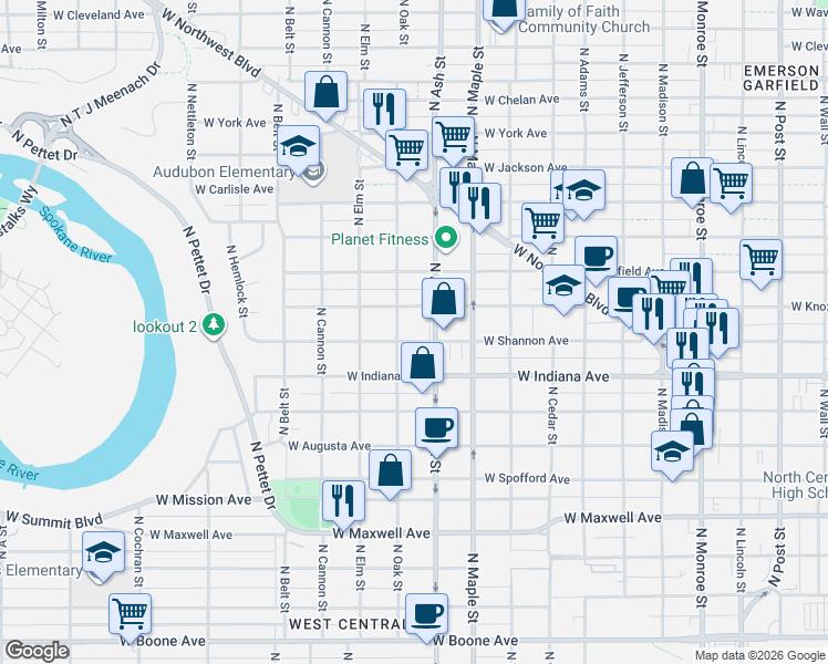 map of restaurants, bars, coffee shops, grocery stores, and more near 1722 West Shannon Avenue in Spokane