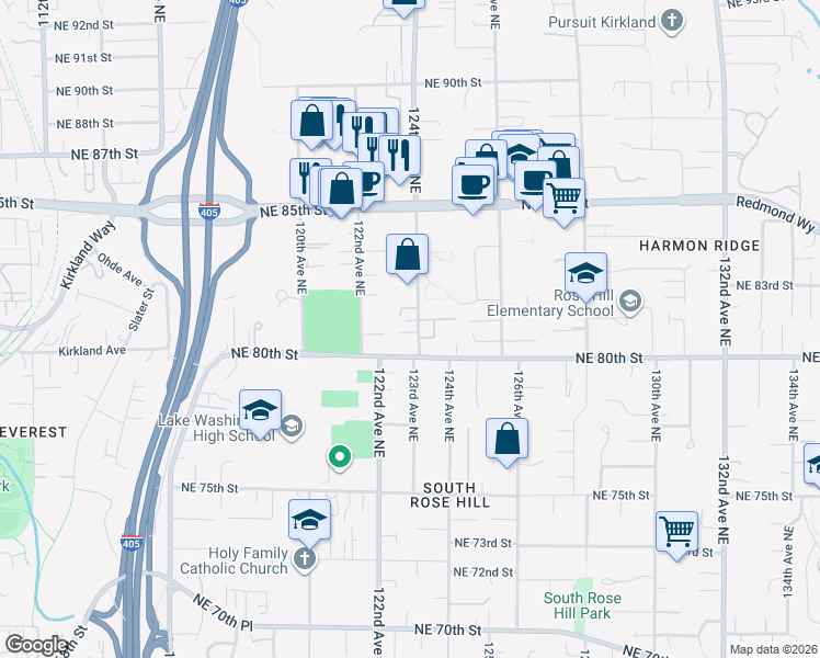 map of restaurants, bars, coffee shops, grocery stores, and more near 8027 124th Avenue Northeast in Kirkland