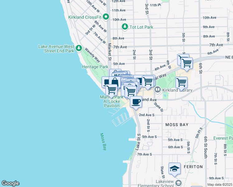 map of restaurants, bars, coffee shops, grocery stores, and more near 30 Lakeshore Plaza in Kirkland