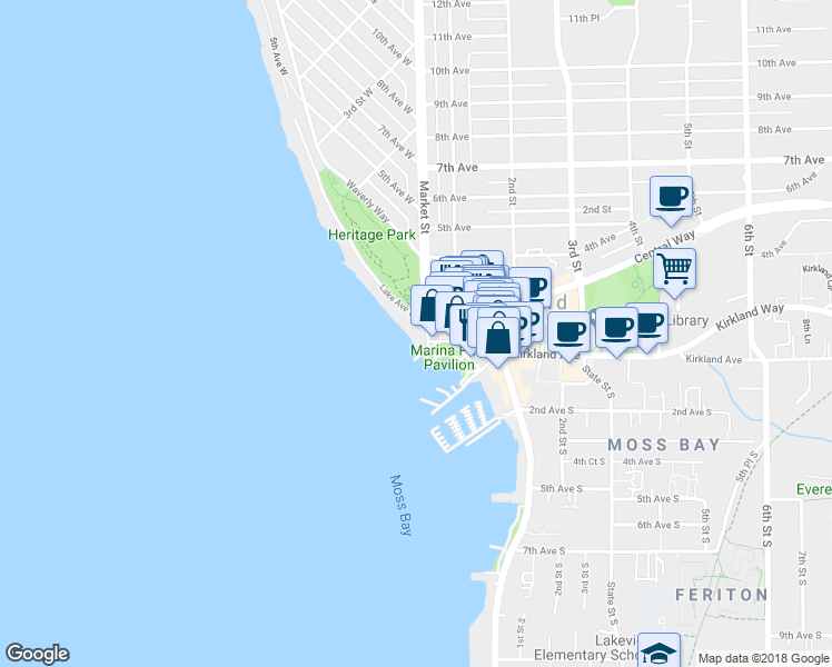 map of restaurants, bars, coffee shops, grocery stores, and more near 111 Lake Avenue West in Kirkland