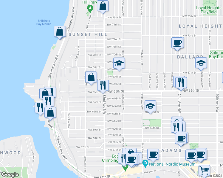 map of restaurants, bars, coffee shops, grocery stores, and more near 3036 Northwest 65th Street in Seattle