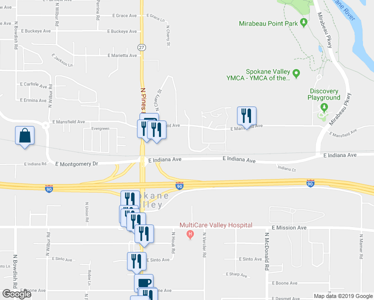 map of restaurants, bars, coffee shops, grocery stores, and more near 2105 North Houk Road in Spokane Valley